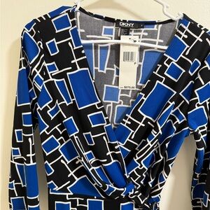 DKNY Black and Blue Abstract Midi Dress